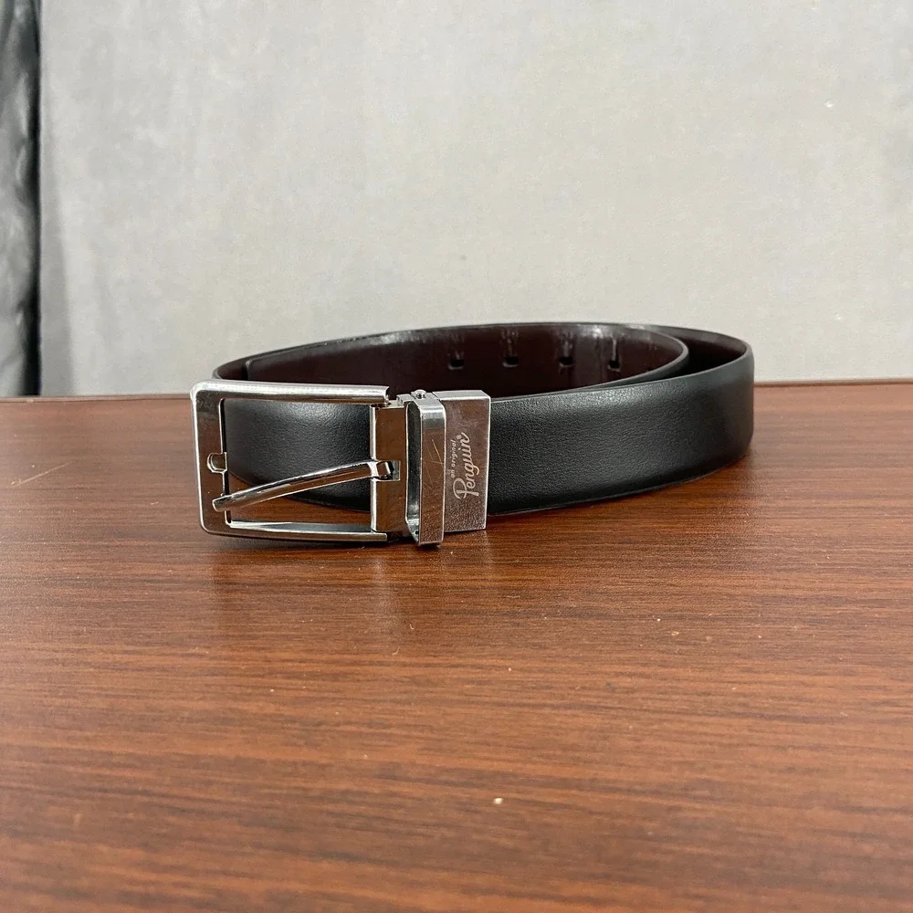 Original Penguin Mens Brown Leather Reversible Silver Pin Buckle Dress Belt